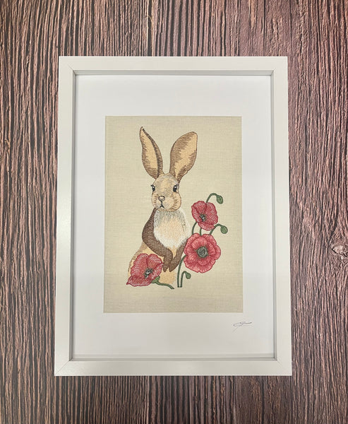 Rabbit in poppy field embroidery art